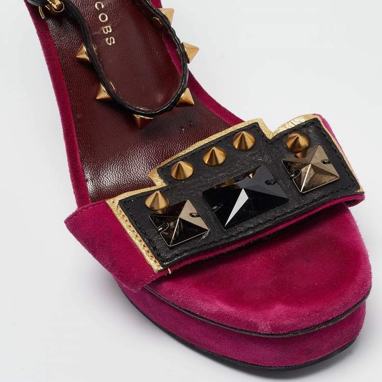 Pre Owned Marc by Marc Jacobs Magenta Suede and Leather Studded Ankle Strap Sandals Size 38