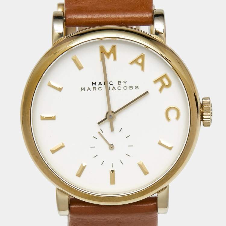 Pre Owned Marc By Marc Jacobs White Gold Plated Stainless Steel Leather Baker MBM1316 Women's Wristwatch 36.50 mm
