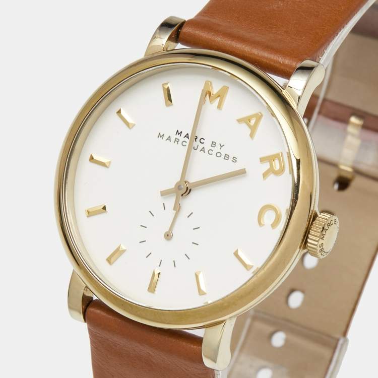 Pre Owned Marc By Marc Jacobs White Gold Plated Stainless Steel Leather Baker MBM1316 Women's Wristwatch 36.50 mm