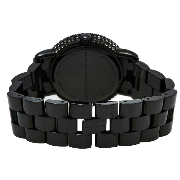 Pre Owned Marc By Marc Jacobs Black PVD Coated Stainless Steel Crystal Pave MBM3193 Women's Wristwatch 36 mm