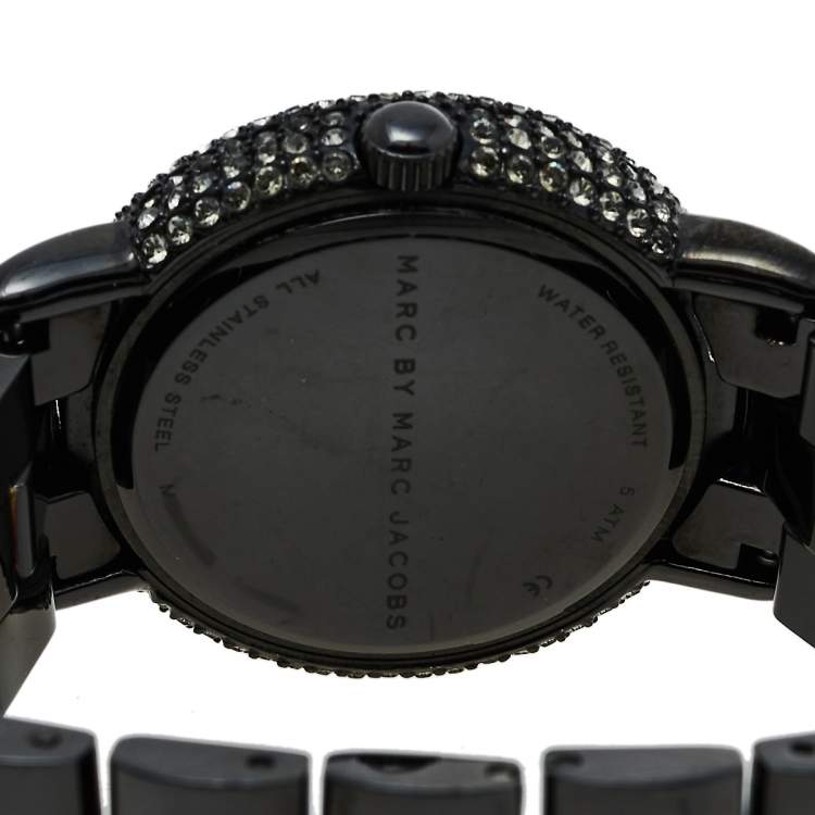 Pre Owned Marc By Marc Jacobs Black PVD Coated Stainless Steel Crystal Pave MBM3193 Women's Wristwatch 36 mm