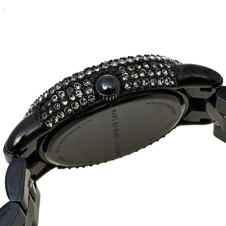 Pre Owned Marc By Marc Jacobs Black PVD Coated Stainless Steel Crystal Pave MBM3193 Women's Wristwatch 36 mm