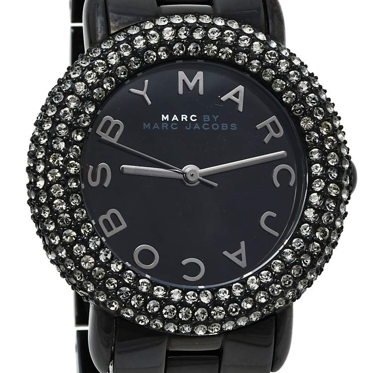Pre Owned Marc By Marc Jacobs Black PVD Coated Stainless Steel Crystal Pave MBM3193 Women's Wristwatch 36 mm