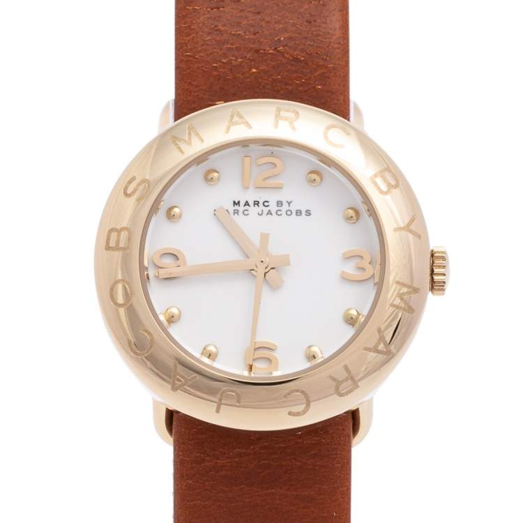 Pre Owned Marc by Marc Jacobs White Gold Plated Stainless Steel Leather Mini Amy MBM8575 Women's Wristwatch 26 mm