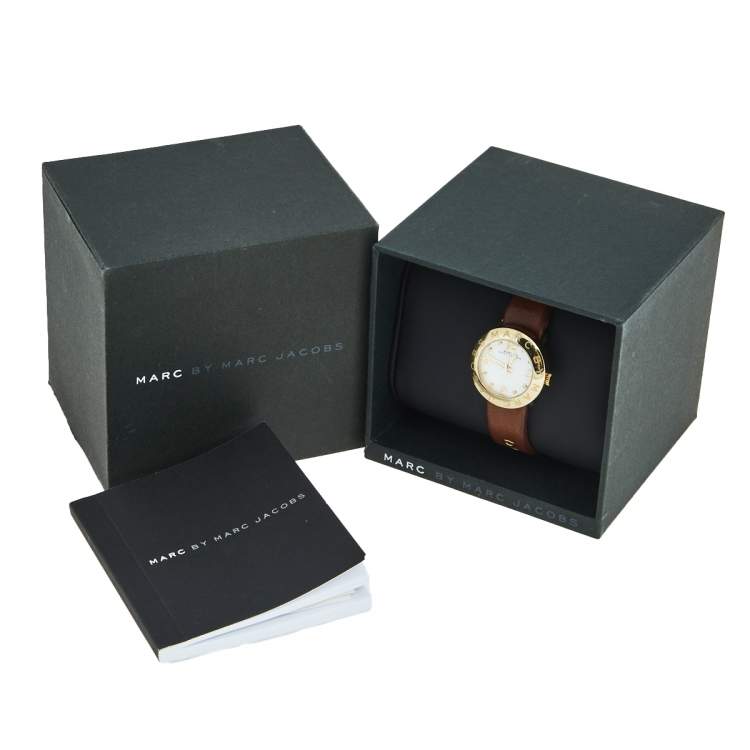 Pre Owned Marc by Marc Jacobs White Yellow Gold Plated Stainless Steel Leather Mini Amy MBM8575 Women's Wristwatch 26 mm