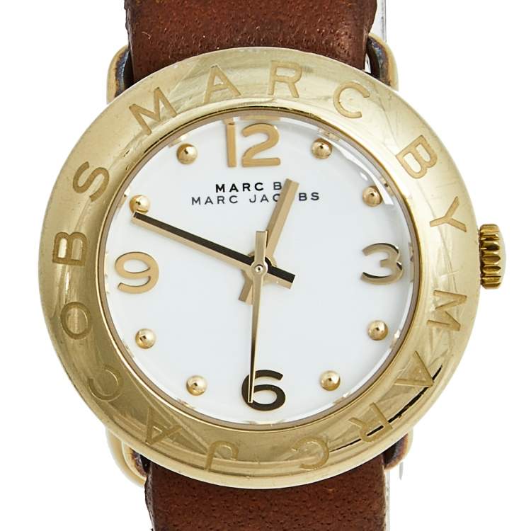 Pre Owned Marc by Marc Jacobs White Yellow Gold Plated Stainless Steel Leather Mini Amy MBM8575 Women's Wristwatch 26 mm