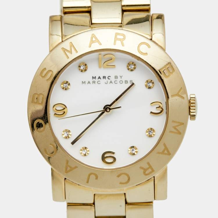 Pre Owned Marc by Marc Jacobs White Yellow Gold Plated Stainless Steel Amy MBM3056 Women's Wristwatch 36 mm
