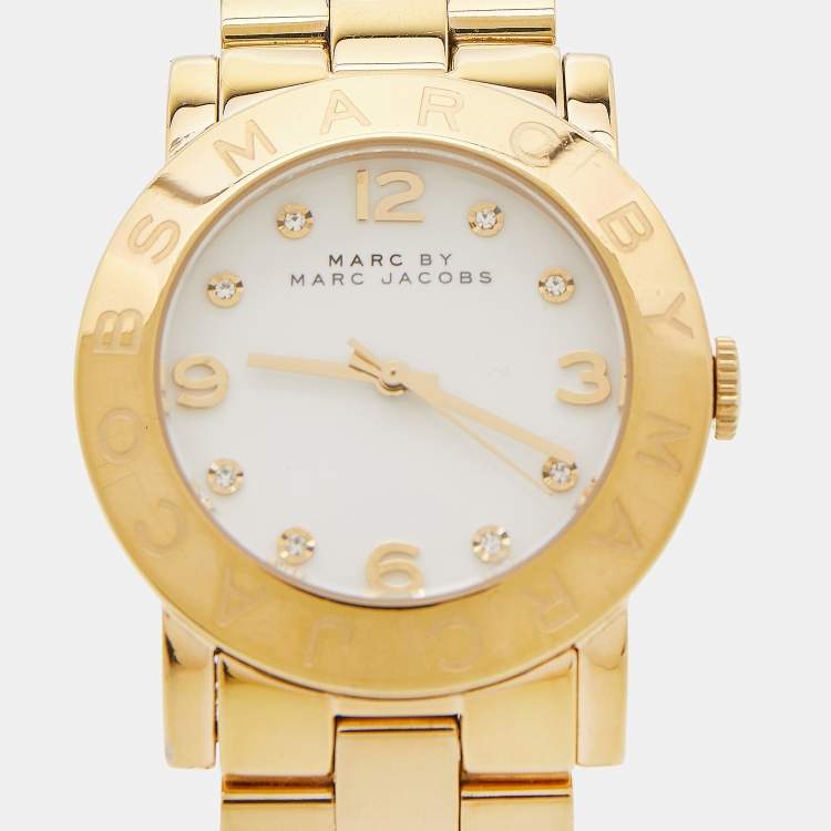 Pre Owned Marc by Marc Jacobs White Yellow Gold Plated Stainless Steel Amy MBM3056 Women's Wristwatch 36 mm