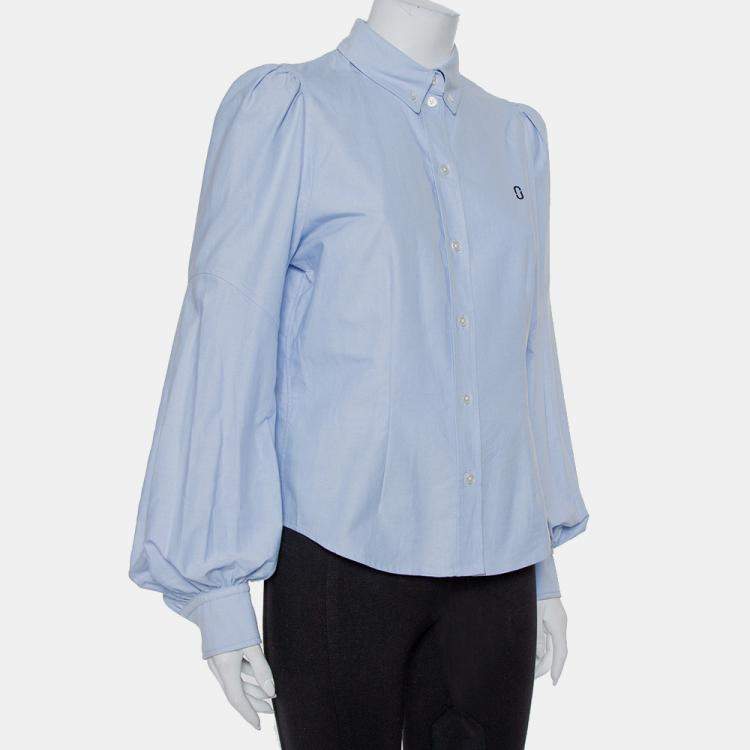 Pre Owned Marc Jacobs Blue Cotton Paneled Puff Sleeve Detail Fitted Shirt M