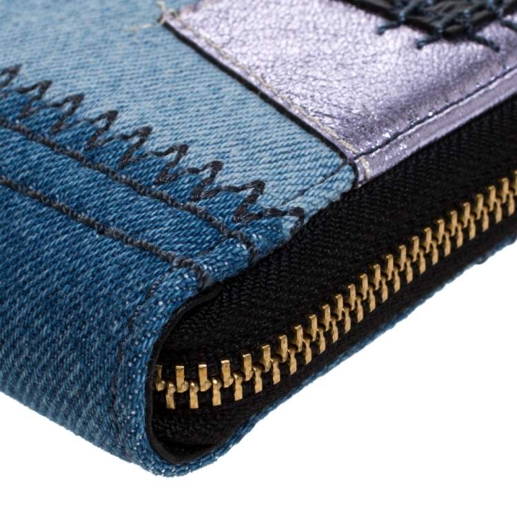 Pre Owned Marc Jacobs Blue Denim Patchwork Zip Around Wallet