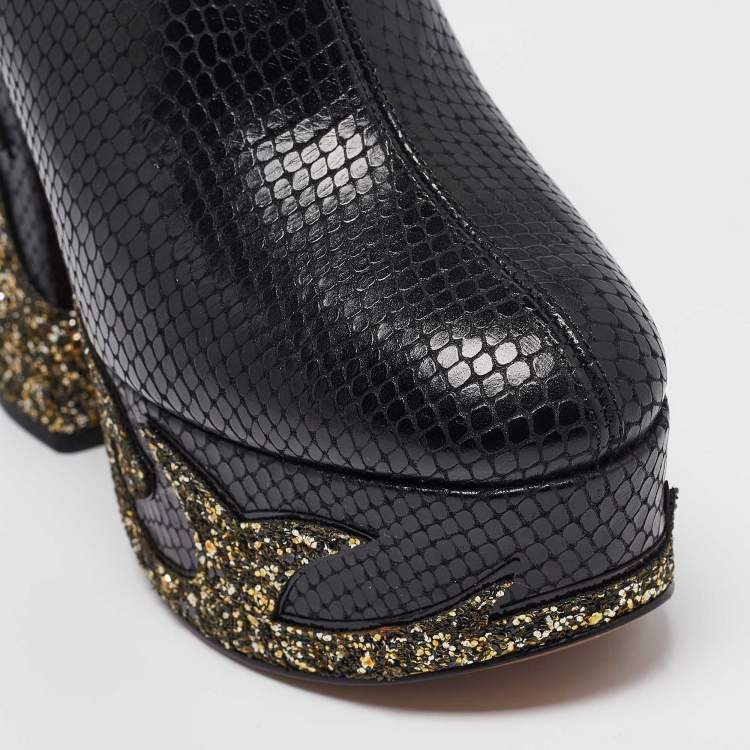 Pre Owned Marc Jacobs Black Python Embossed Leather Ankle Length Boots Size 36
