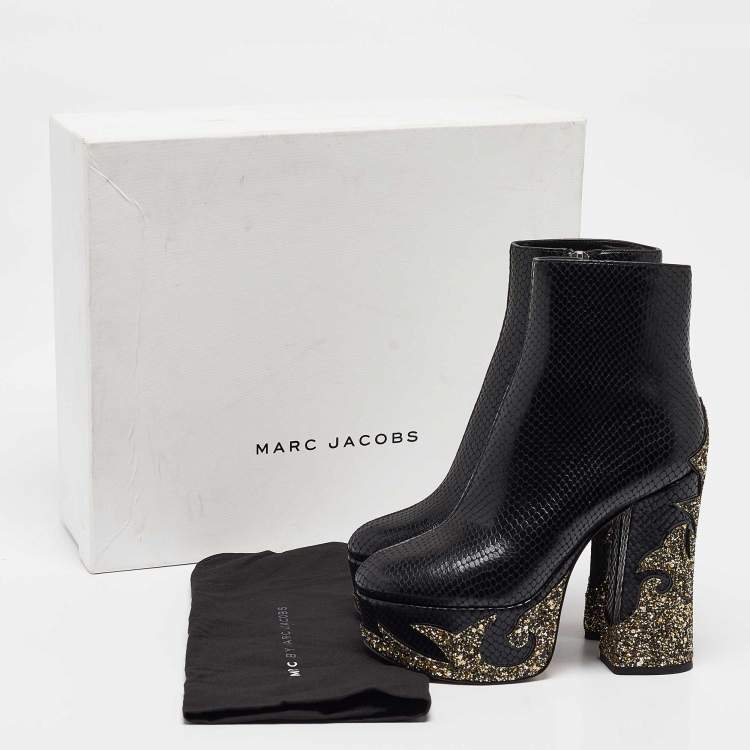 Pre Owned Marc Jacobs Black Python Embossed Leather Ankle Length Boots Size 36
