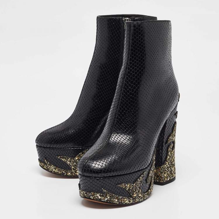 Pre Owned Marc Jacobs Black Python Embossed Leather Ankle Length Boots Size 36