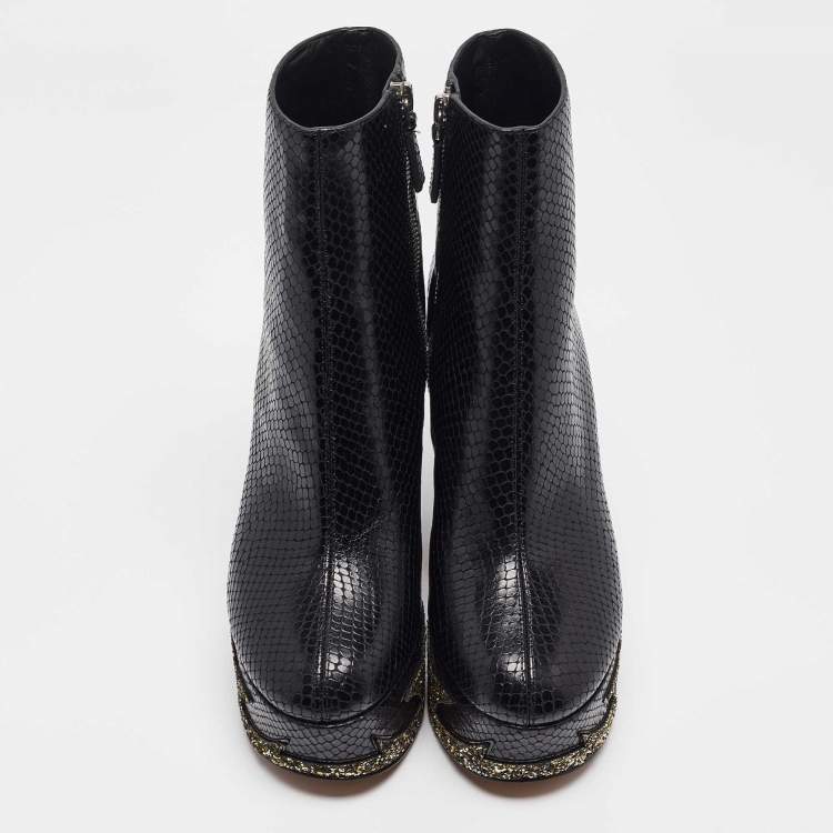 Pre Owned Marc Jacobs Black Python Embossed Leather Ankle Length Boots Size 36