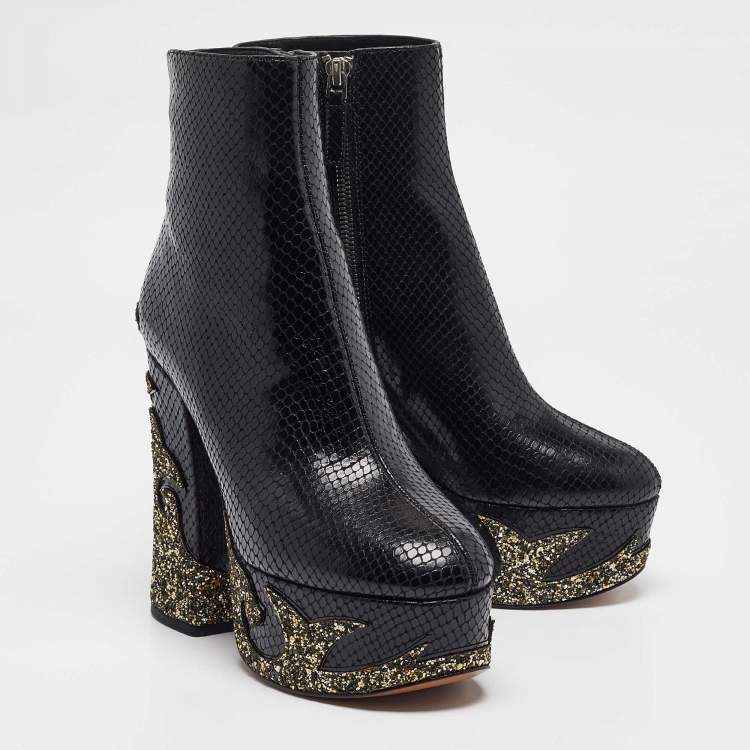 Pre Owned Marc Jacobs Black Python Embossed Leather Ankle Length Boots Size 36