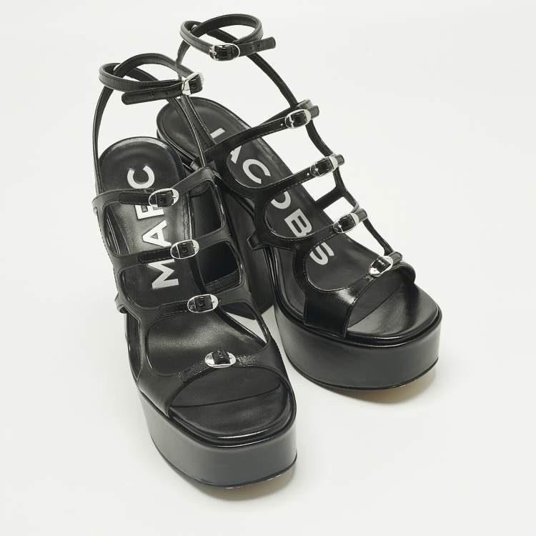 Pre Owned Marc Jacobs Black Leather Kiki Platform Sandals Size 38