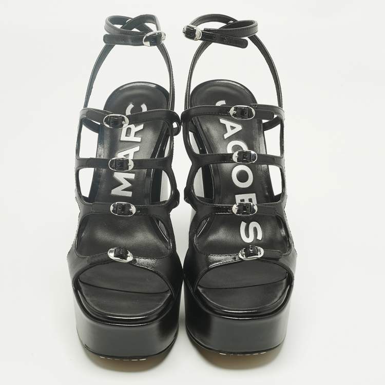 Pre Owned Marc Jacobs Black Leather Kiki Platform Sandals Size 38