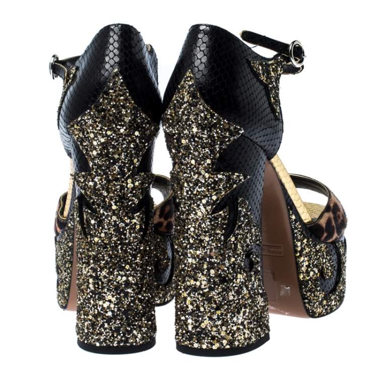 Pre Owned Marc Jacobs Multicolor Embossed Leather And Leopard Print Pony Hair Glitter Platform Ankle Strap Sandals Size 40.5