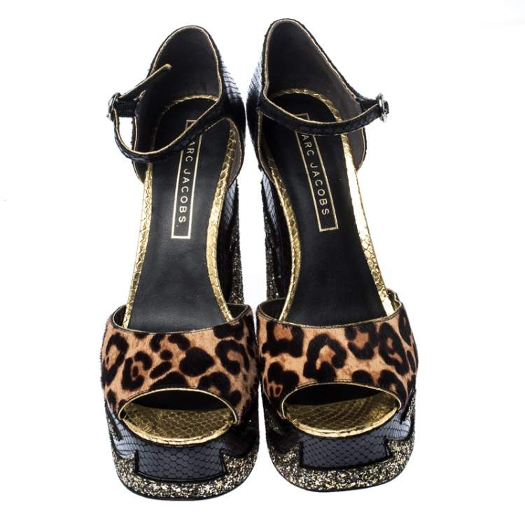 Pre Owned Marc Jacobs Multicolor Embossed Leather And Leopard Print Pony Hair Glitter Platform Ankle Strap Sandals Size 40.5