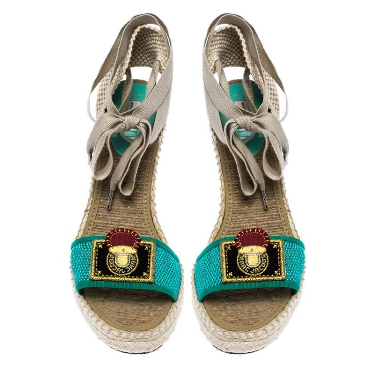 Pre Owned Marc Jacobs Multicolor Canvas And Mesh Wedge Espadrilles Ankle Wrap Sandals Size 39