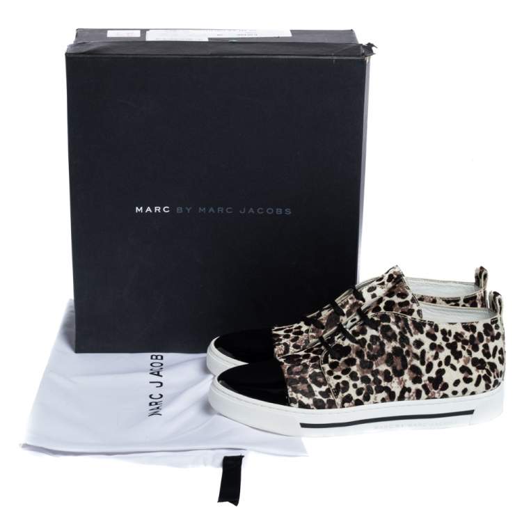Pre Owned Marc Jacobs Black/Brown Animal Print Pony Hair and Patent High Top Sneakers Size 38