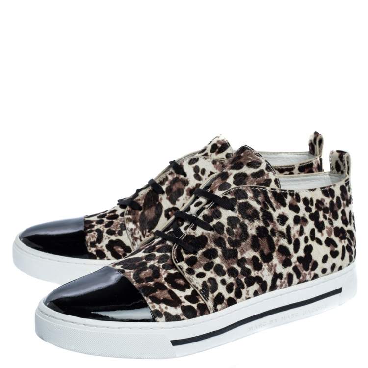 Pre Owned Marc Jacobs Black/Brown Animal Print Pony Hair and Patent High Top Sneakers Size 38