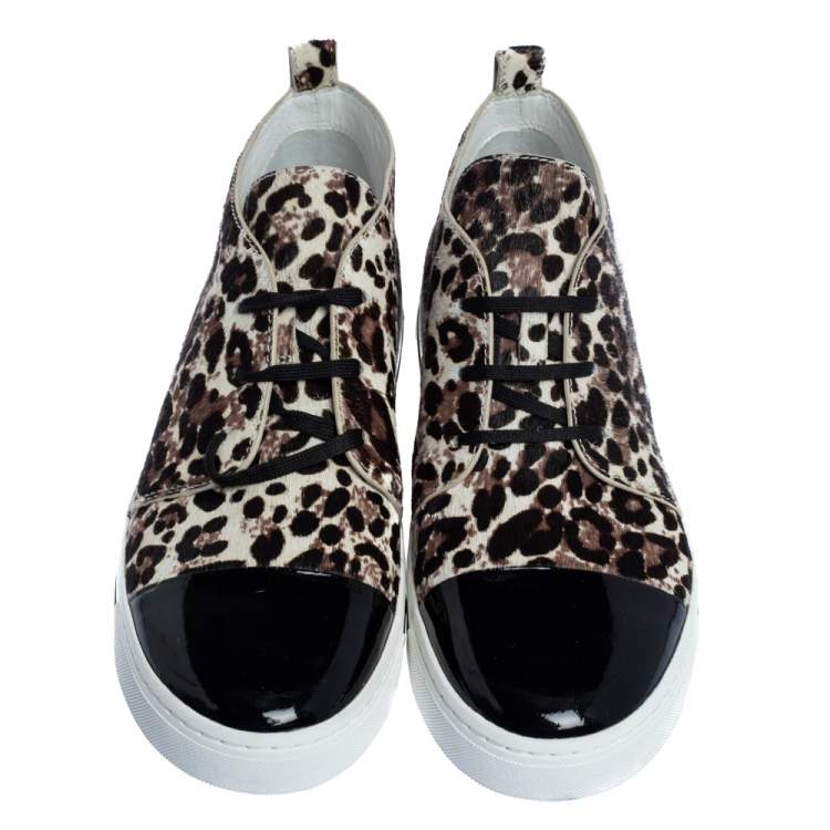 Pre Owned Marc Jacobs Black/Brown Animal Print Pony Hair and Patent High Top Sneakers Size 38