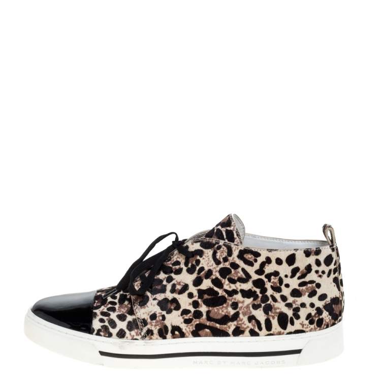 Pre Owned Marc Jacobs Beige/Black Leopard Print Pony Hair And Patent Leather High Top Sneakers Size 40
