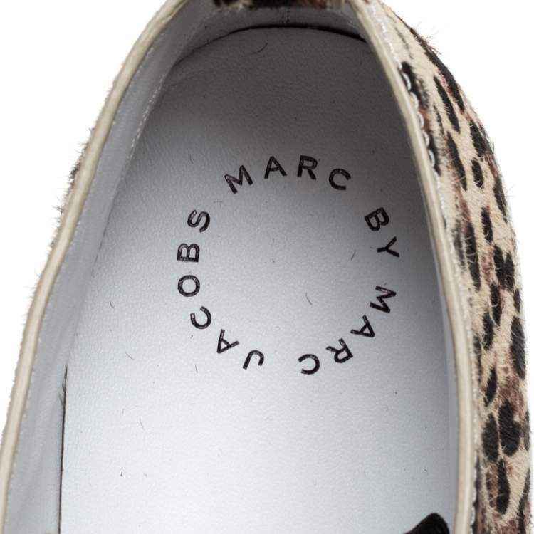Pre Owned Marc Jacobs Beige/Black Leopard Print Pony Hair And Patent Leather High Top Sneakers Size 40