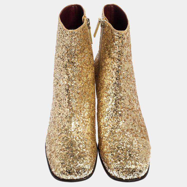 Pre Owned  Marc Jacobs Metallic Gold Glitter Camilla Block Heel Ankle Boots Size 40.5