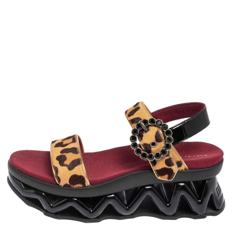 Pre Owned Marc by Marc Jacobs Beige Leopard Print Calf Hair and Patent Leather Ninja Wave Platform Sandals Size 37