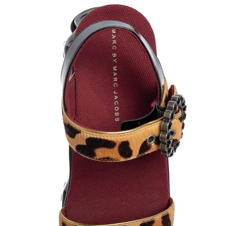 Pre Owned Marc by Marc Jacobs Beige Leopard Print Calf Hair and Patent Leather Ninja Wave Platform Sandals Size 37