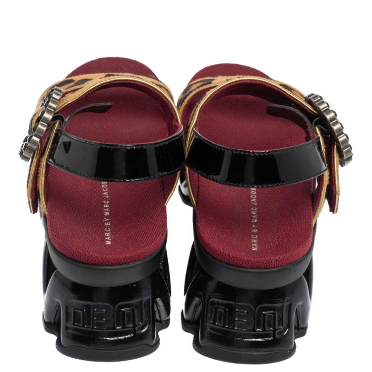 Pre Owned Marc by Marc Jacobs Beige Leopard Print Calf Hair and Patent Leather Ninja Wave Platform Sandals Size 37