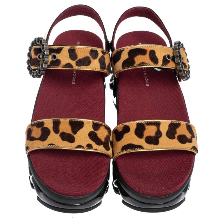Pre Owned Marc by Marc Jacobs Beige Leopard Print Calf Hair and Patent Leather Ninja Wave Platform Sandals Size 37