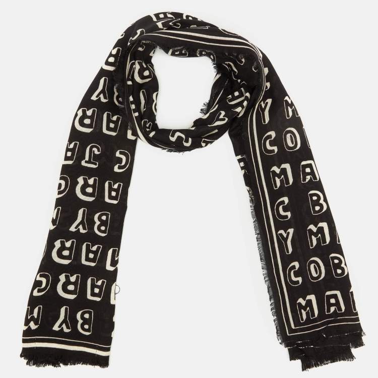 Pre Owned Marc Jacobs Black/White Print Logo Silk Scarf