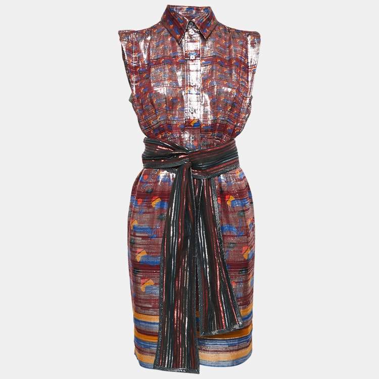 Pre Owned Marc Jacobs Metallic Printed Silk Lurex Sleeveless Mini Dress S