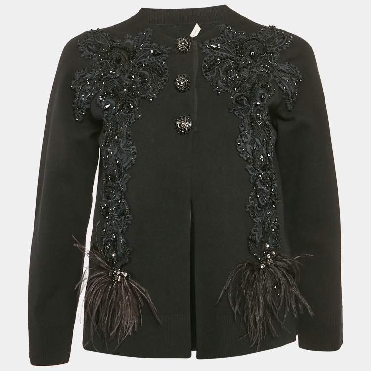 Pre Owned Marc Jacob Black Embellished Ostrich Feather Trim Cashmere Cardigan M