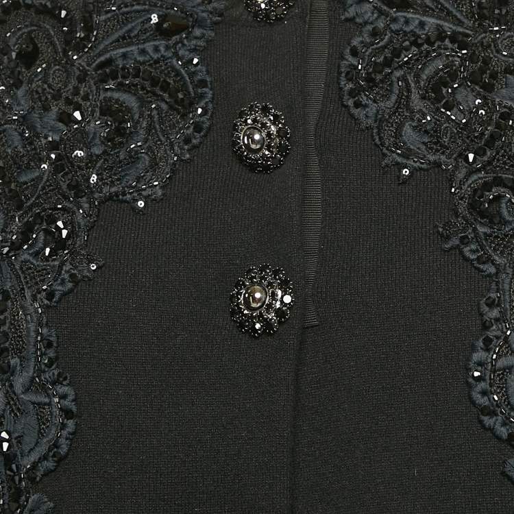 Pre Owned Marc Jacob Black Embellished Ostrich Feather Trim Cashmere Cardigan M