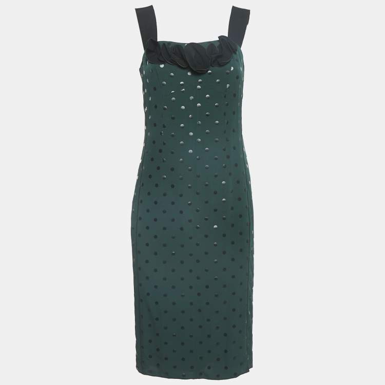 Pre Owned Marc Jacobs Green/Black Dot Print Crepe Ruffled Sleeveless Dress S