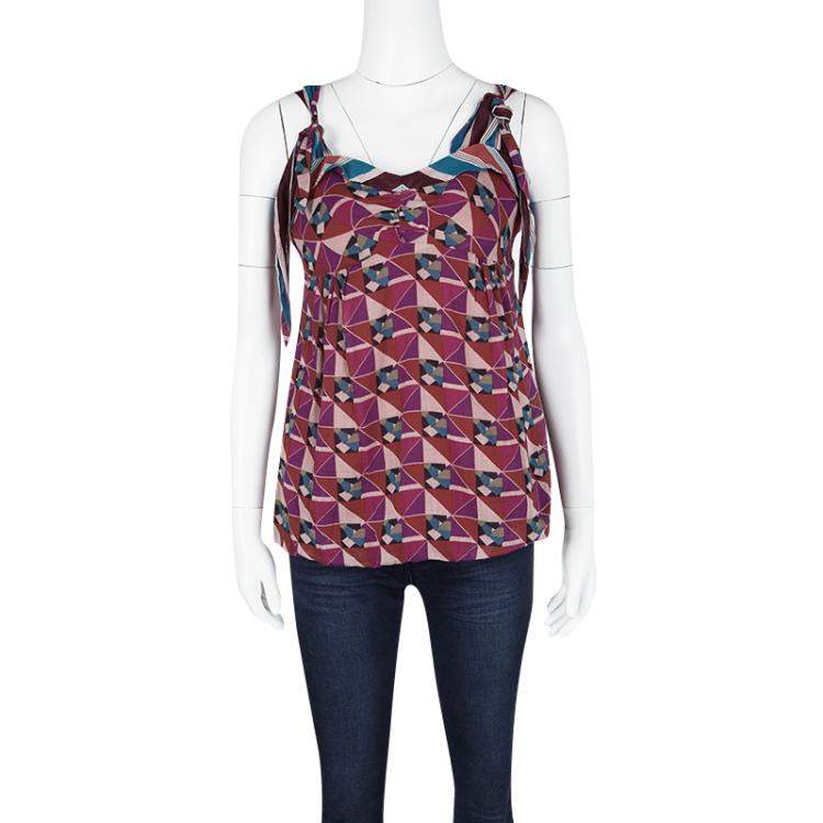 Pre Owned Marc Jacobs Multicolor Geometric Print Sleeveless Tie Detail Cotton Top M 