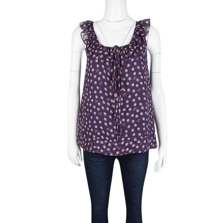 Pre Owned Marc Jacobs Purple Printed Chiffon Ruffle Trim Sleeveless Top S