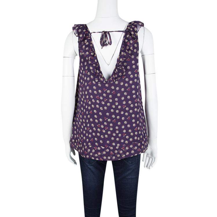 Pre Owned Marc Jacobs Purple Printed Chiffon Ruffle Trim Sleeveless Top S