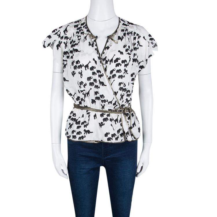 Pre Owned Marc Jacobs White Animal Figure Print Wrap Top M