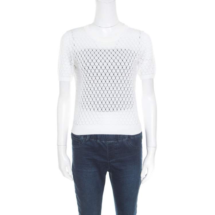 Pre Owned Marc Jacobs White Perforated Fish Scale Pattern Knit Crop Top S
