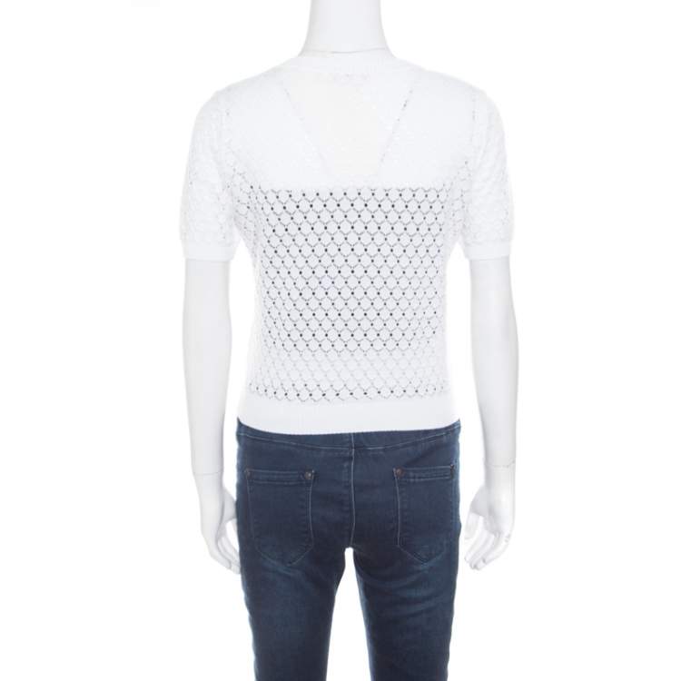 Pre Owned Marc Jacobs White Perforated Fish Scale Pattern Knit Crop Top S