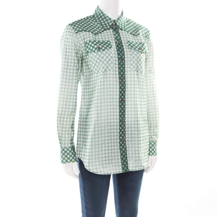 Pre Owned Marc Jacobs Green and White Checked Organza Long Sleeve Shirt S