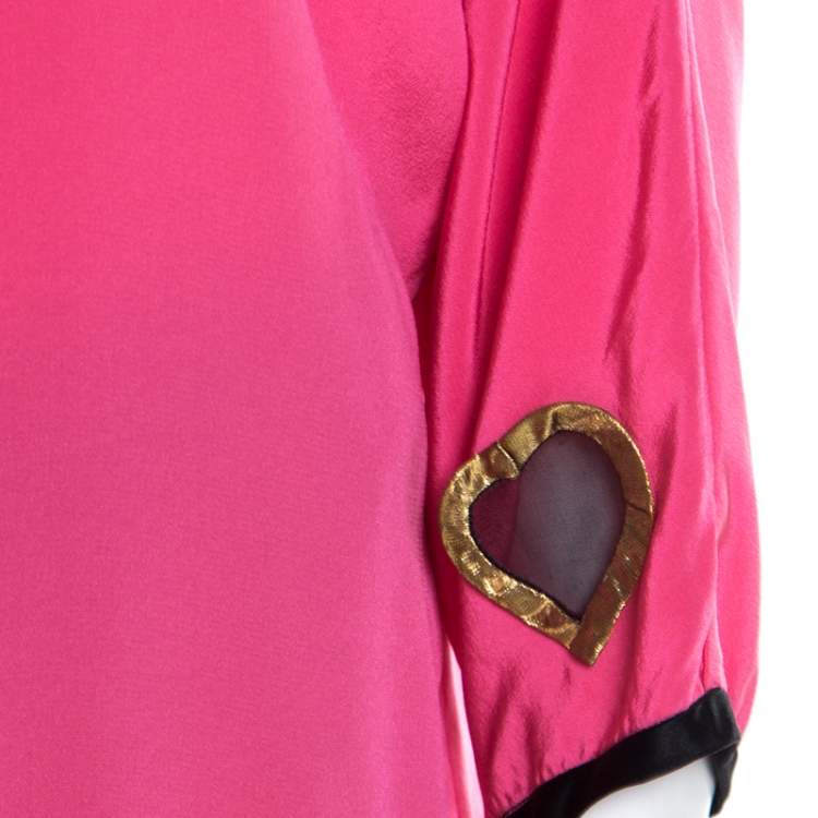 Pre Owned Marc Jacobs Pink Silk Contrast Heart Applique Dolman Sleeve Blouse L 