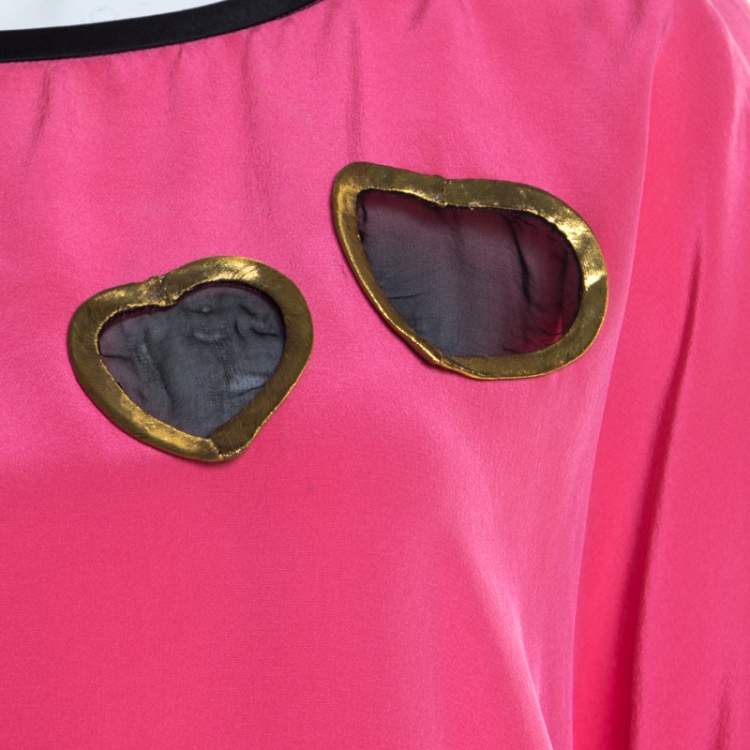 Pre Owned Marc Jacobs Pink Silk Contrast Heart Applique Dolman Sleeve Blouse L 