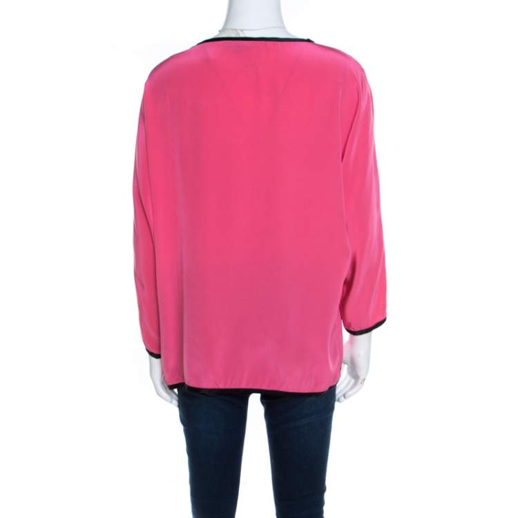 Pre Owned Marc Jacobs Pink Silk Contrast Heart Applique Dolman Sleeve Blouse L 