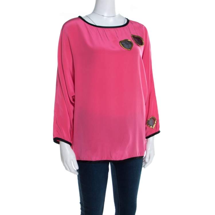 Pre Owned Marc Jacobs Pink Silk Contrast Heart Applique Dolman Sleeve Blouse L 